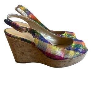 Stuart Weitzman Jean Platform Wedge Sandals Slingback Plaid Colorful Size 8